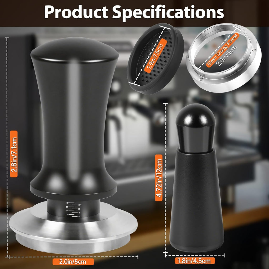 51mm Espresso Accessories Kit, Spring Loaded Calibrated Tamper, WDT Tool, Dosing Funnel, Fits Espresso Coffee Machines and 51 mm Portafilters, Barista Tools