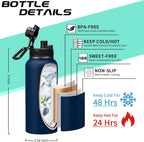 Stainless Steel Water Bottles 32oz - with Paracord Handle, Straw/Spout Lid, Carrying Case & Protective Boot, Leak Proof Double Wall Vacuum Insulated Bottle Keep Cold 48H & Hot 24H