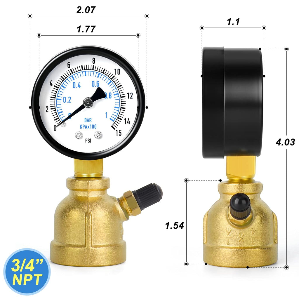 MEANLIN MEASURE 0-15Psi Forged Brass Air Test Pressure gauges, 3/4" FNPT Connection, 2" Double Graduated, Bell Shape Body Assembly, -3-2-3% Accuracy