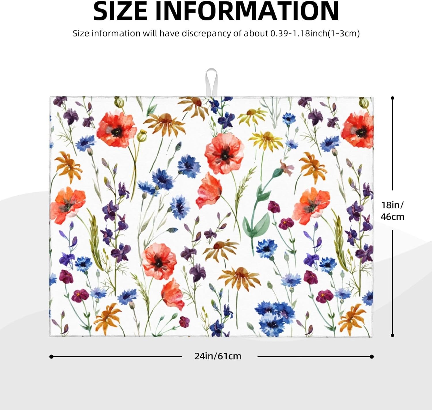 Spring Wildflowers Dish Drying Mats for Kitchen Counter, Watercolor Poppy Cornflower Drying Rack Pad Ultra Absorbent Microfiber Dish Mat for Coffee Countertop Decor 18x24 Inch