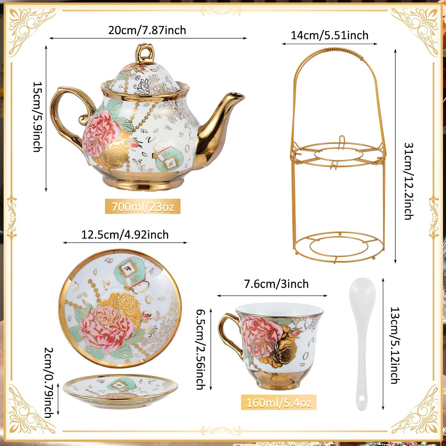 Zhehao 20 Pcs Porcelain Tea Set with Metal Holder and Spoon Adult Ceramic Tea Party Set European Flower Painting Teapot Cup Saucer Spoon Set for Women, Large Version(Bright Style)