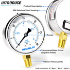 MEANLIN MEASURE 0~30Psi Stainless Steel 1/4" NPT 2.5" FACE DIAL Liquid Filled Pressure Gauge WOG Water Oil Air Lower Mount, with 1/4" x 1/2" NPT and 1/4" x 3/8" NPT Hex Bushing