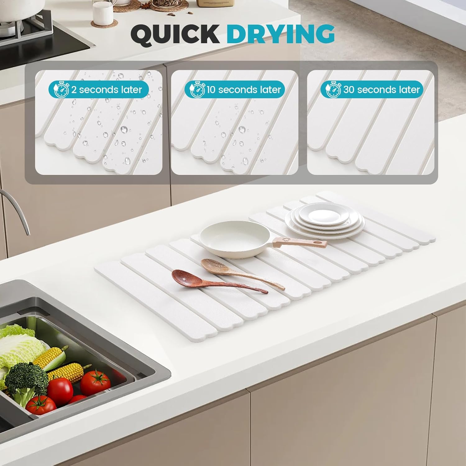 Extral Large Quick Dry Stone Drying Mat for Kitchen Counter,28x16 Inch Collapsible Eco-Friendly Absorbent Diatomaceous Earth Mat for Dishes Cups,Dish Drying Mats (White-Love Shape, 28x16 inch)