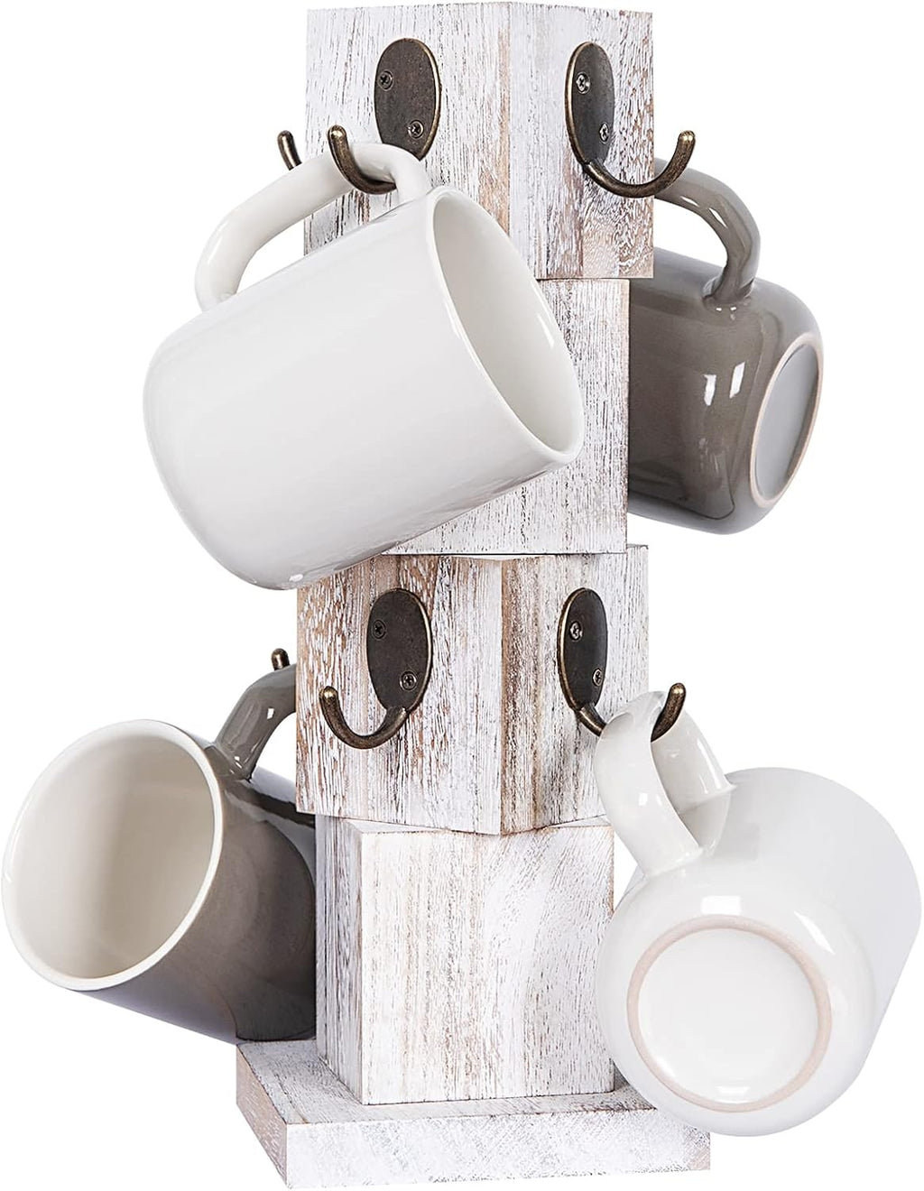 Coffee Mug Holder Tree, Rustic Solid Wood Mug Tree Stand with 8 Hooks, Farmhouse Coffee Cup Holder for Counter, Mug Hanger for Kitchen Organizer, Farmhouse White
