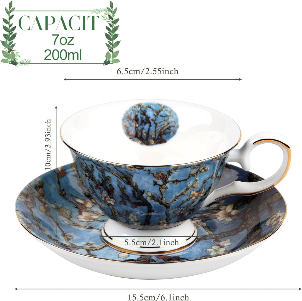 Floral Tea Cups Saucers Set of 2, Van Gogh Paintings Bone China 7 oz British Teacups Porcelain Coffee Cup for Rose Tea Cappuccino Espresso Latte (Apricot & Peach Blossom)