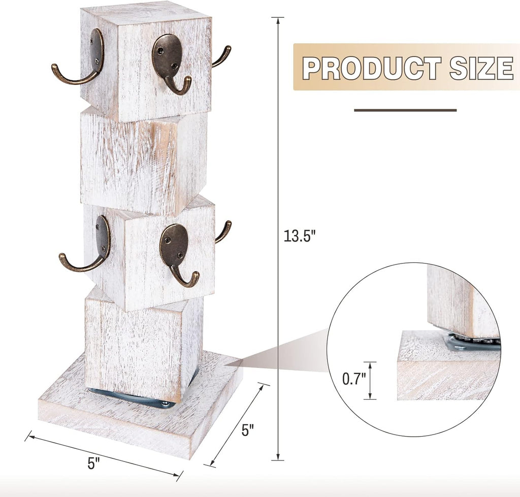Rotated Coffee Mug Holder Tree with 360 Degree Turn, Rustic Wood Mug Tree Stand with 8 Hooks, Farmhouse Coffee Cup Holder for Counter, Mug Hanger for Kitchen Organizer, Farmhouse White
