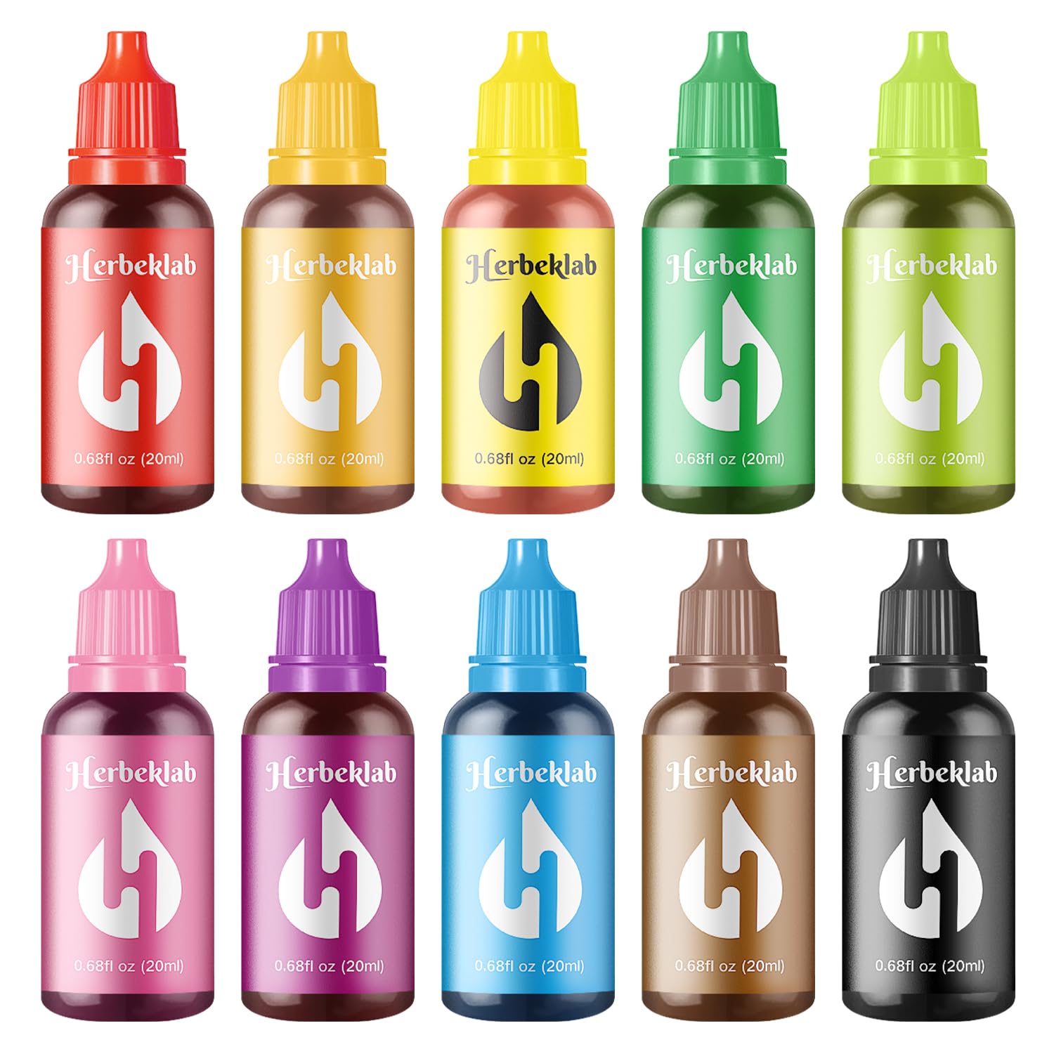 Herbeklab Food Coloring Liquid Food Dye Water Based Food Color 10 Colors x 20 ml Liquid Food Coloring Set Concentrated Slime Dye Pigments Soap Colorants Easter Egg Dyestuffs for Domestic Use
