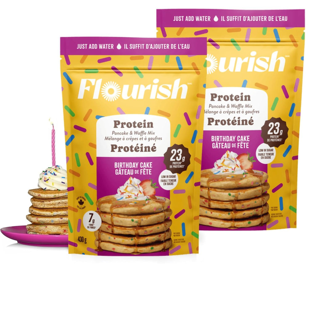 Flourish Protein Pancake & Waffle Mix, with Whey Protein & Flax Seed, No Added Sugar, High in Protein & Fiber - Just Add Water - Birthday Cake Flavour, 430 g (2 Pack) - Made in Canada