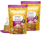 Flourish Protein Pancake & Waffle Mix, with Whey Protein & Flax Seed, No Added Sugar, High in Protein & Fiber - Just Add Water - Birthday Cake Flavour, 430 g (2 Pack) - Made in Canada
