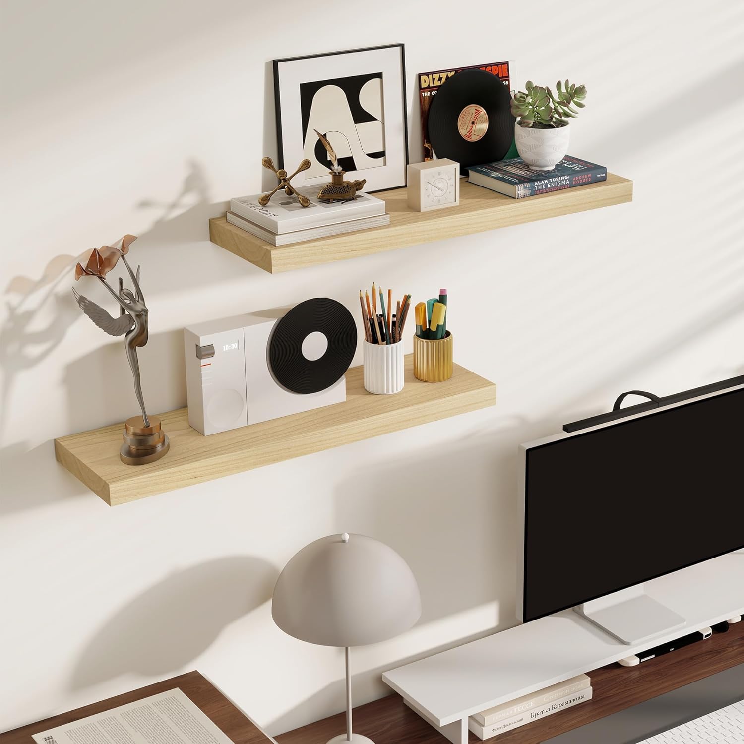 Fun Memories Rustic Floating Shelves for Home Decor, 8 Inch Deep Floating Shelf, Solid Wood Floating Wall Shelves 30 Inch Long, Deep Wall Shelves for Bathroom, Living Room, Natural Finsh, Set of 2