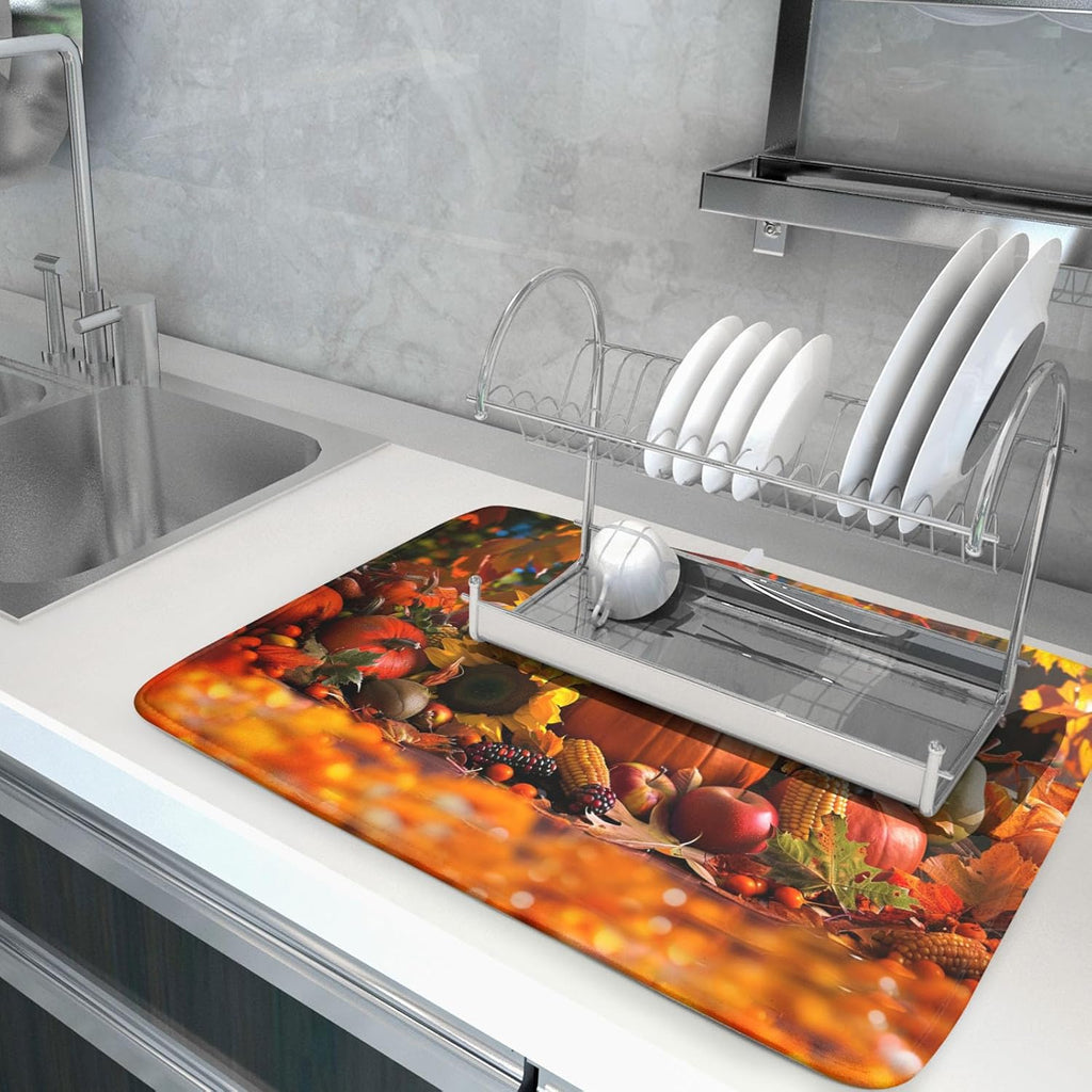 Fall Harvest Pumpkin Dish Drying Mat for Kitchen Counter,Thanksgiving Maple Leaves Sunflower Drying Mat 18 x 24 Inch with Absorbent Reversible Microfiber Dish Drying Pad for Coffee Bar