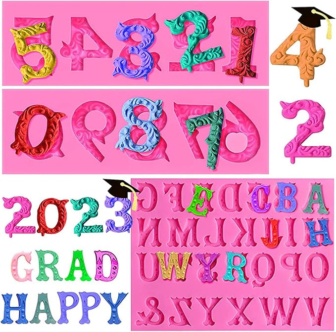 Silicone Fondant Molds, AIMEIKI 3 Pack 3D Silicone Number 0-9 Alphabet A-Z Embossed Fondant Chocolate Baking Molds for Decorating Birthday Cake Candy Chocolate DIY Craft Projects