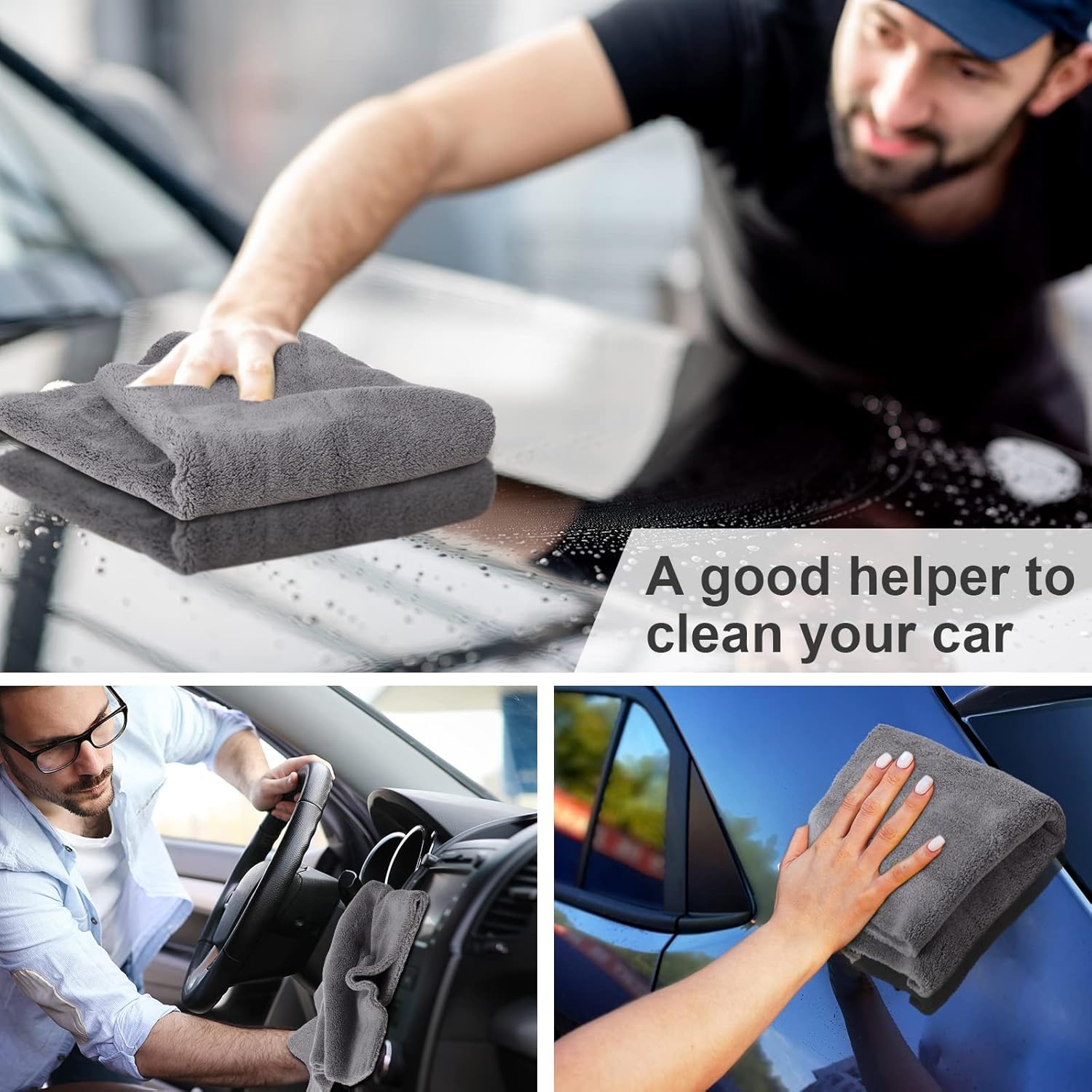 Shimeyao 30 Pcs Edgeless Microfiber Plush Towels for Cars Detailing Drying Wash Polishing Absorbent Cleaning Cloths, 500 GSM, 16 x 16 Inch(16 x 16 Inch,Gray,30 Pcs)