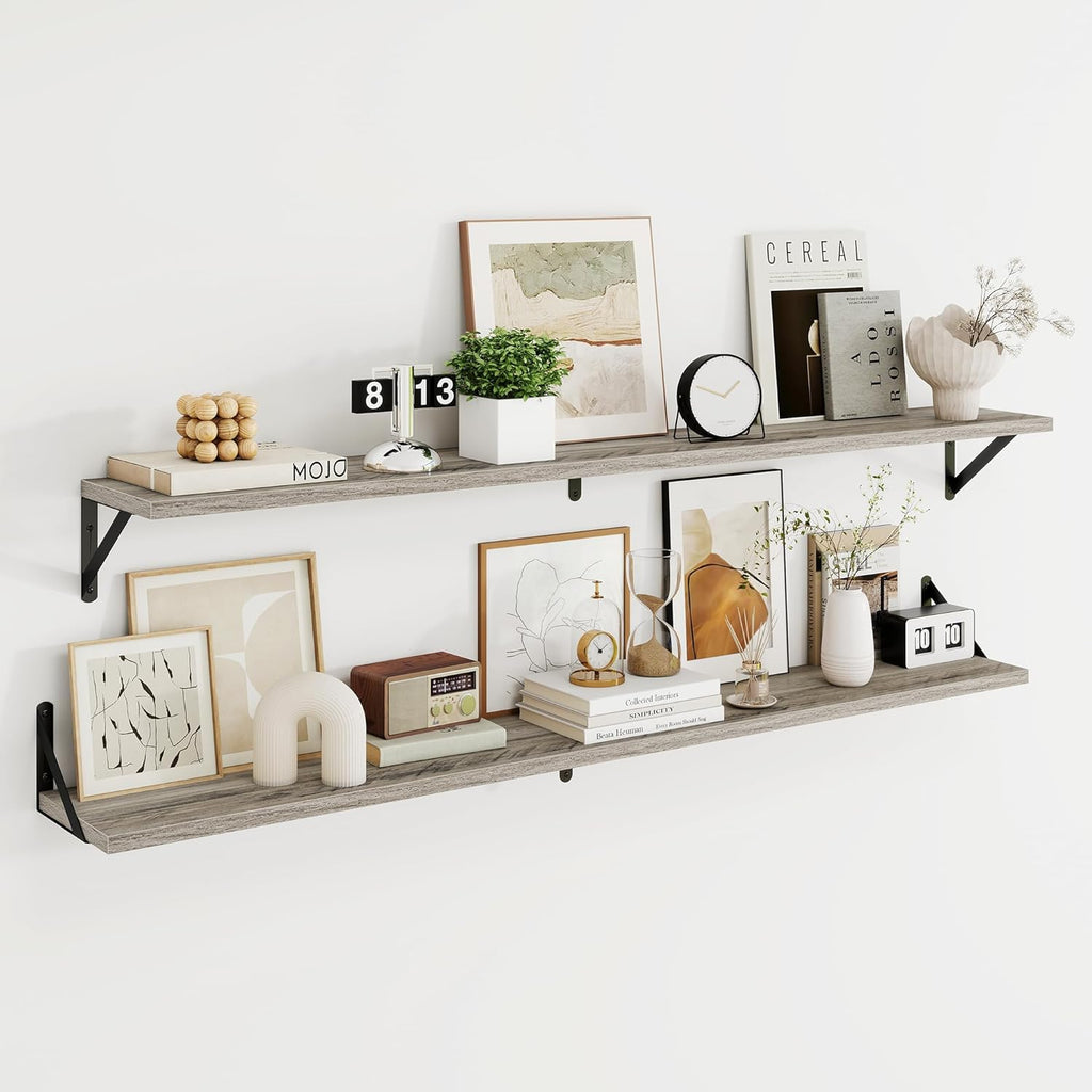 Dreamland 8 inch Deep Floating Shelves for Wall, 55W x 8D Wall Mounted Shelves Set of 2, Wide Display Ledge Shelf with Sturdy Metal Brackets for Living Room, Bathroom, Bedroom and Kitchen, Grey
