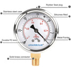 Glycerin Filled Vacuum Pressure Gauge, 2-1/2" Clear dial,1/4" NPT Bottom Connection, Stainless Steel Case, Brass Movement, Dual Scales -30inHg/-1BAR-0