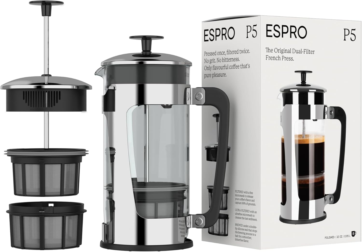 ESPRO - P5 French Press Coffee Maker – Patented Double Microfilter for Sludge and Grit Free Coffee, Black, 32 oz
