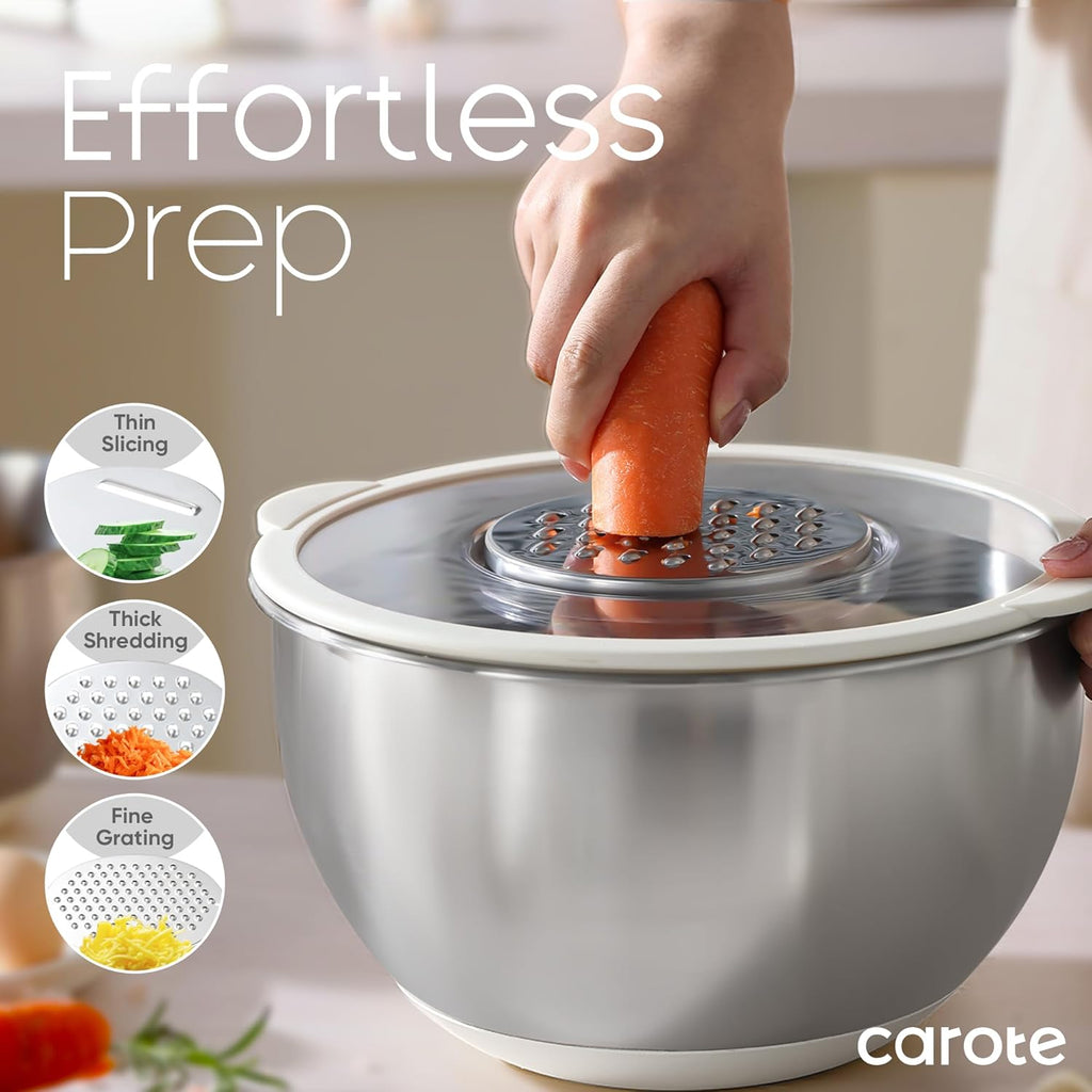 CAROTE Stainless Steel Mixing Bowls with Lids Set,12 Pcs Nesting Bowls Clear Airtight Lids 3 Grater Attachments,Non-Slip Bottoms & Measurement Marks Mixing Bowls,Size 5,3,2,1.5,1QT