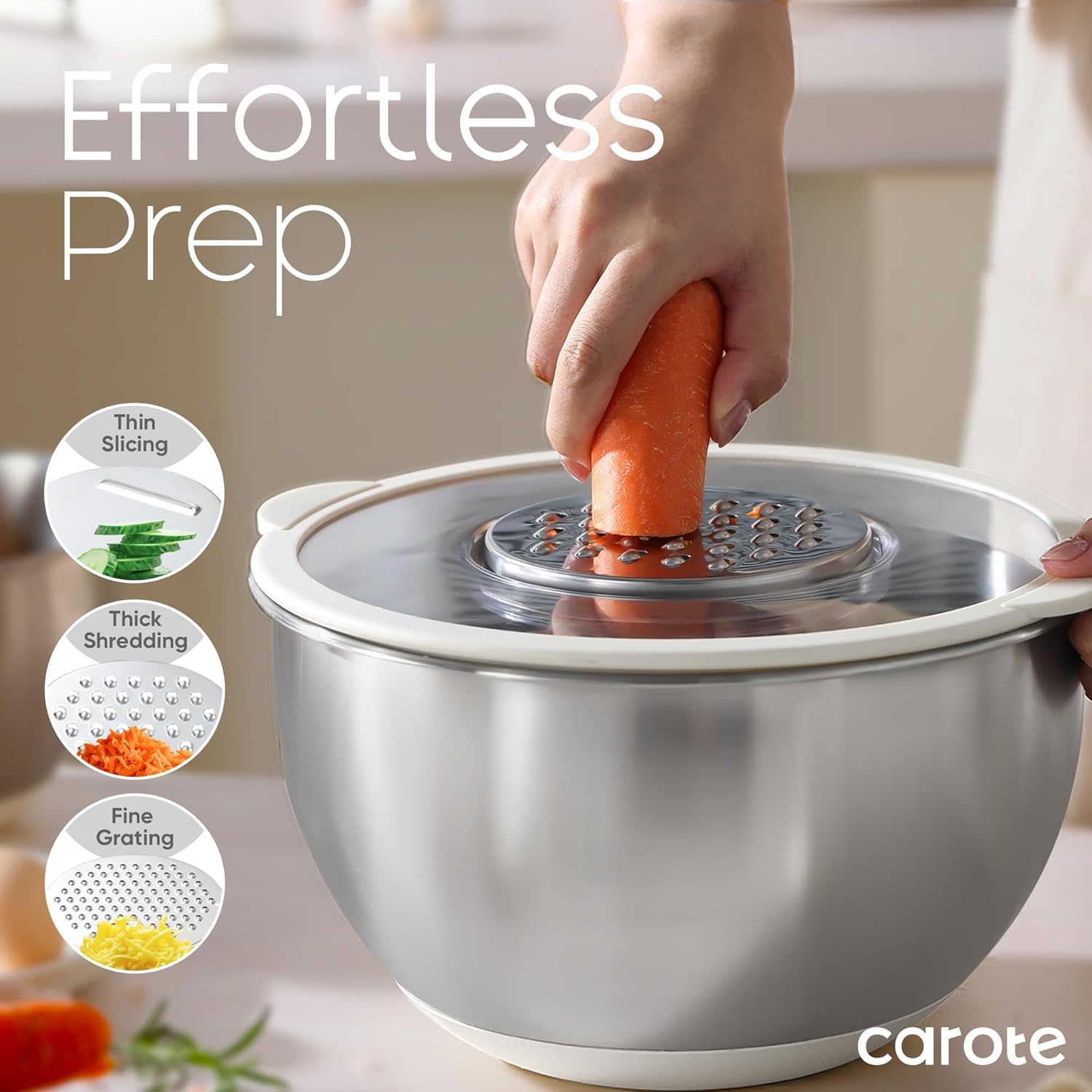 CAROTE Stainless Steel Mixing Bowls with Lids Set,12 Pcs Nesting Bowls Clear Airtight Lids 3 Grater Attachments,Non-Slip Bottoms & Measurement Marks Mixing Bowls,Size 5,3,2,1.5,1QT