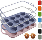 2 Packs 12 Cups Silicone Muffin Pan with Metal Reinforced Frame Regular Size Cupcake Pan Tray Egg Bites Silicone Circle Cookie Molds Muffin Tin Bread Loaf Pans for Homemade Reusable Tart Pans
