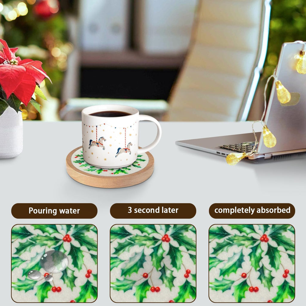 Christmas Coasters Set of 4 with Holder, Cewiru Cup Mat for Drinks, Absorbent Coasters with Felt Insert for Coffee Table Protection, Modern Style Home Dining Table Decor, 4.3"