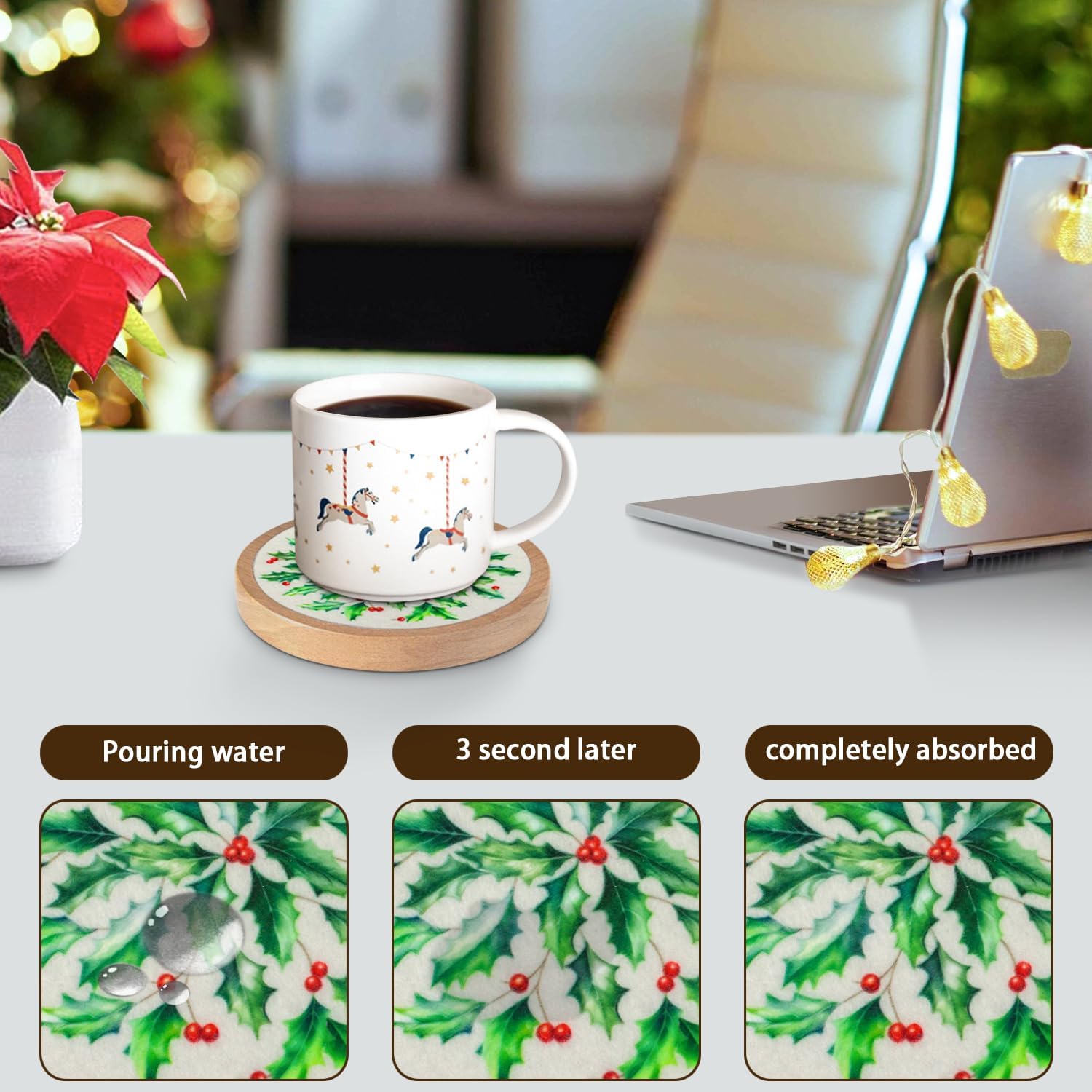Christmas Coasters Set of 4 with Holder, Cewiru Cup Mat for Drinks, Absorbent Coasters with Felt Insert for Coffee Table Protection, Modern Style Home Dining Table Decor, 4.3"