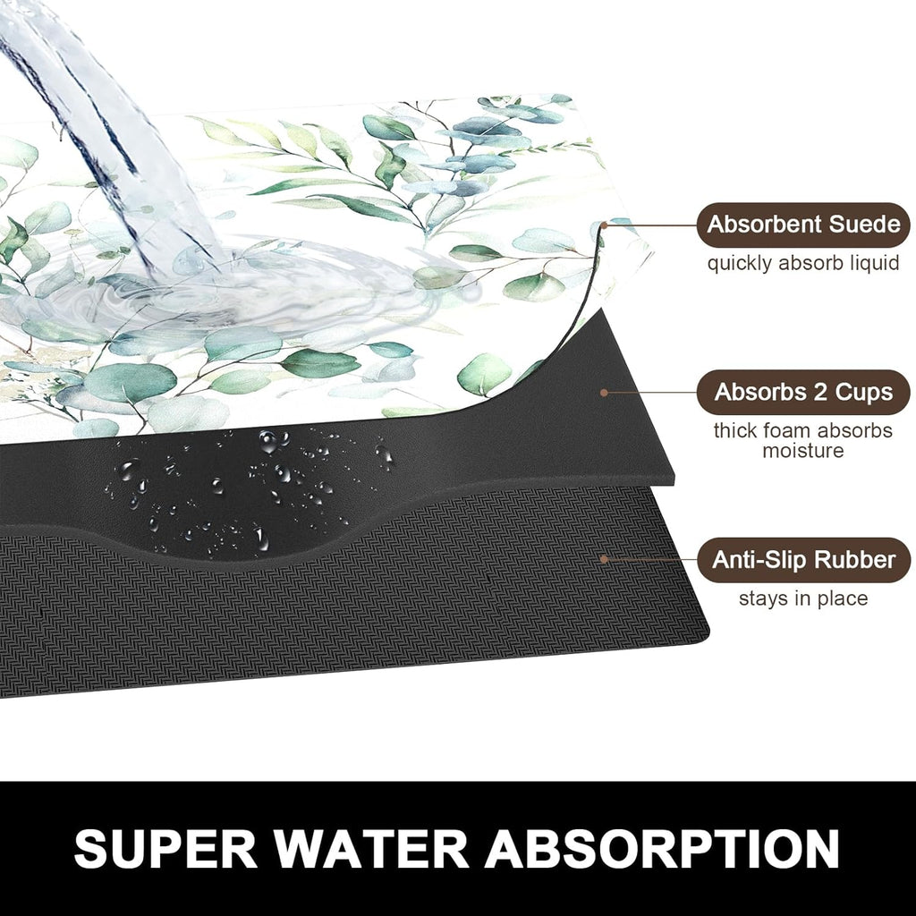 Rnivvi Dish Drying Mat for Kitchen Counter, 16 x 18" Cute Boho Theme Absorbent Heat Resistant Drying Pad with Non-slip Rubber, Coffee Bar Mats for Dish Rack Kitchen Decor Accessories, Leaves