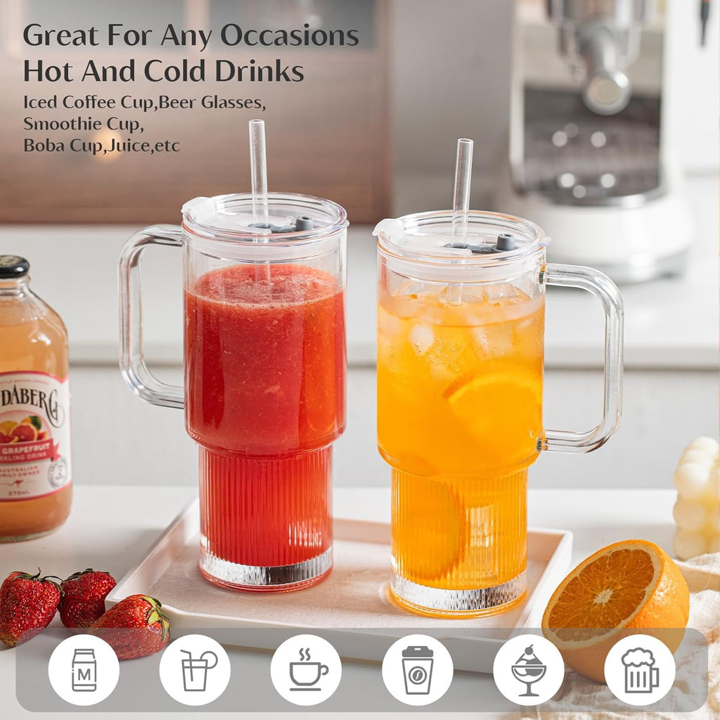 INSETLAN 26oz Glass Tumbler with Handle & Lid – 2-Pack Large Iced Coffee Cups with Straws, Modern Glass Mug for Cold & Hot Beverages, Aesthetic Travel Cup for Smoothies, Tea, and Juice