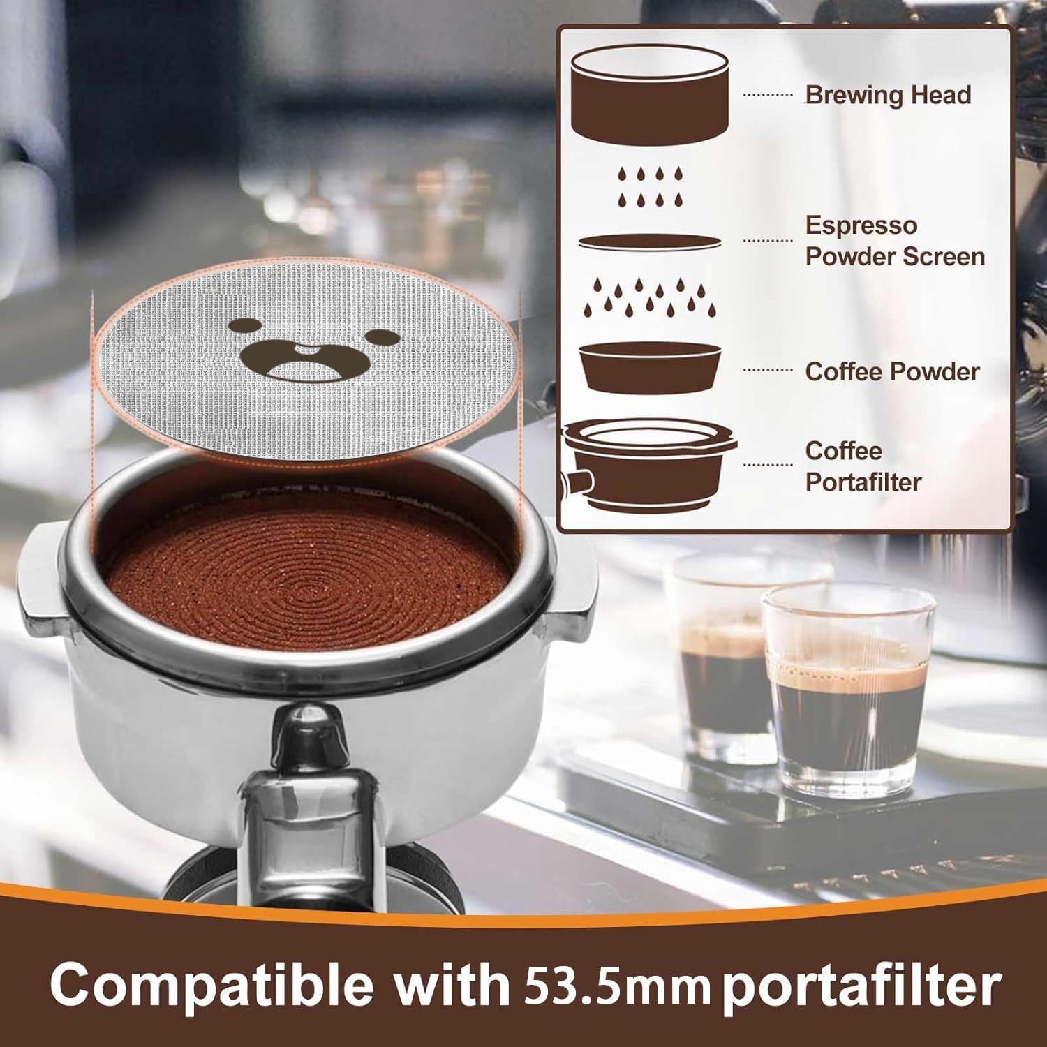 53.5mm Espresso Puck Screen, Lower Shower Screen, Metal Coffee Reusable Filter for 54mm Espresso Portafilter Basket, 1.7 Thickness(Happy)