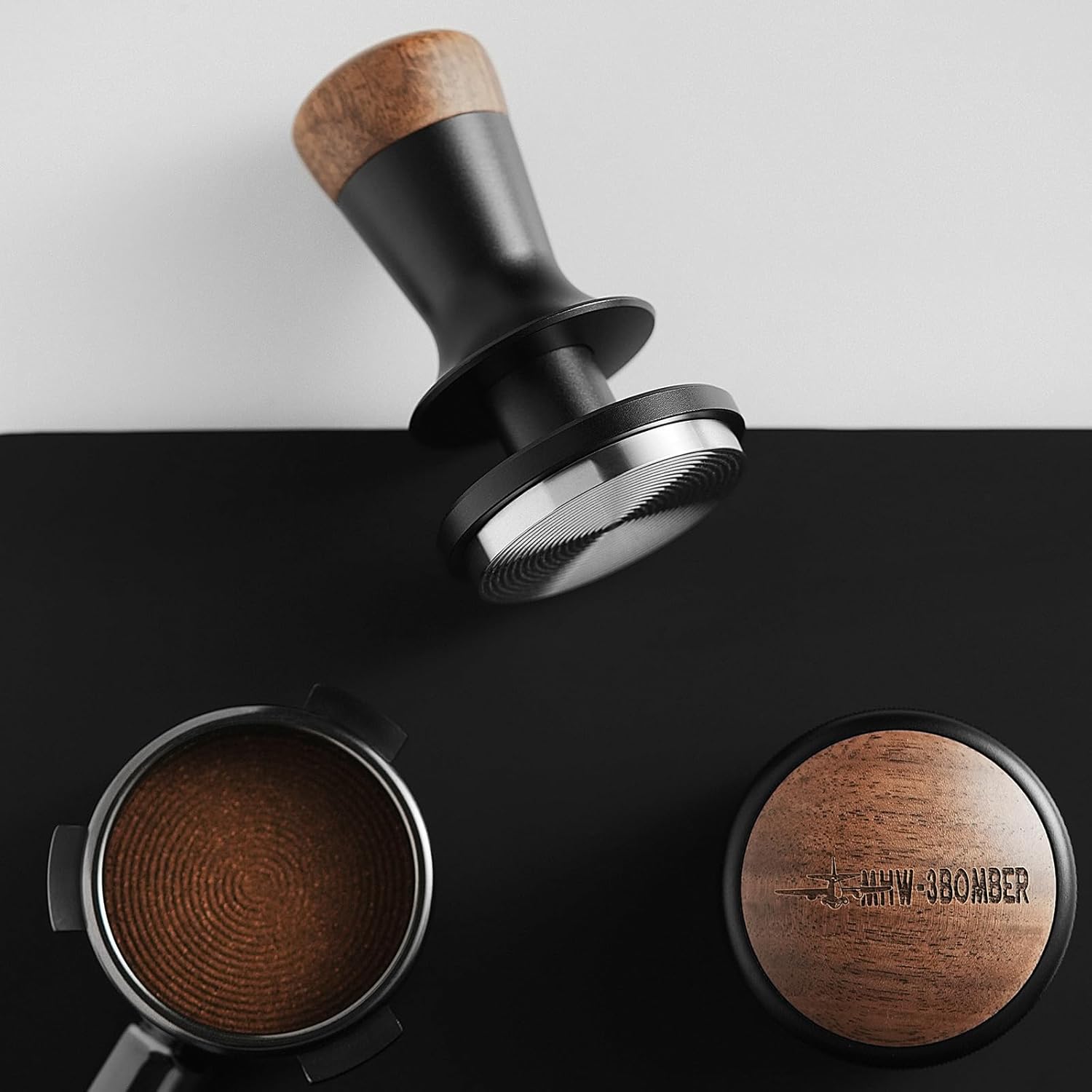 MHW-3BOMBER 54mm Espresso Tamper, Double Spring Loaded Tamper, Self Leveling without Tilting, 53mm Coffee Tamper with Wood Cover, 53.35mm Ripple Base, T7127
