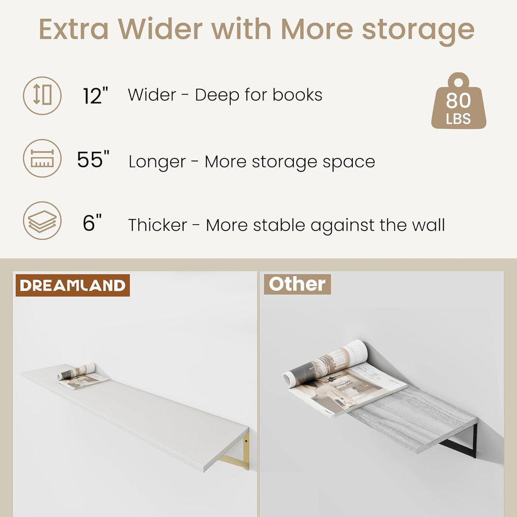 Floating Shelves for Wall, 12 Inch Deep Floating Shelves Set of 2, 55W x 12D Large Wall Shelf with Sturdy Metal Brackets for Living Room, Bathroom, Bedroom and Kitchen, White with Gold Bracket
