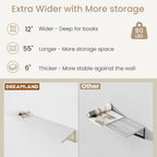 Floating Shelves for Wall, 12 Inch Deep Floating Shelves Set of 2, 55W x 12D Large Wall Shelf with Sturdy Metal Brackets for Living Room, Bathroom, Bedroom and Kitchen, White with Gold Bracket