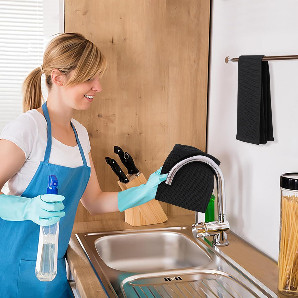 Kitinjoy 100% Cotton Waffle Weave Kitchen Towels, 6-Pack Super Soft and Absorbent Dish Towels for Drying Dishes, Kitchen Hand Towels, 13 in x 28 in, Black