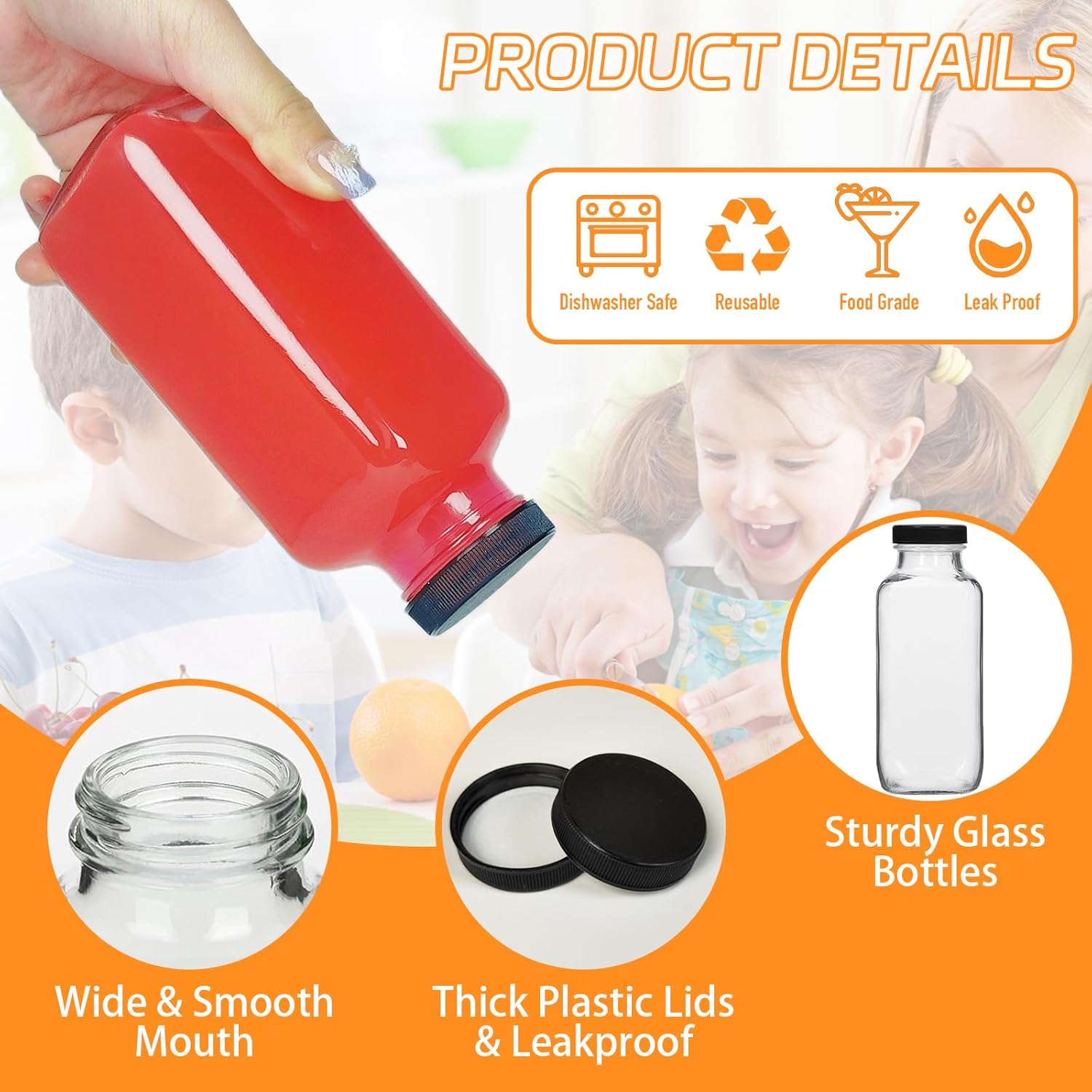 3 Pack 12oz Glass Drink Bottles with Lids, 360ml Vintage Glass Water Bottles with Caps, Reusable Juice Containers Drinking Jars for Juicing, Milk, Ginger, Kombucha, Beverage