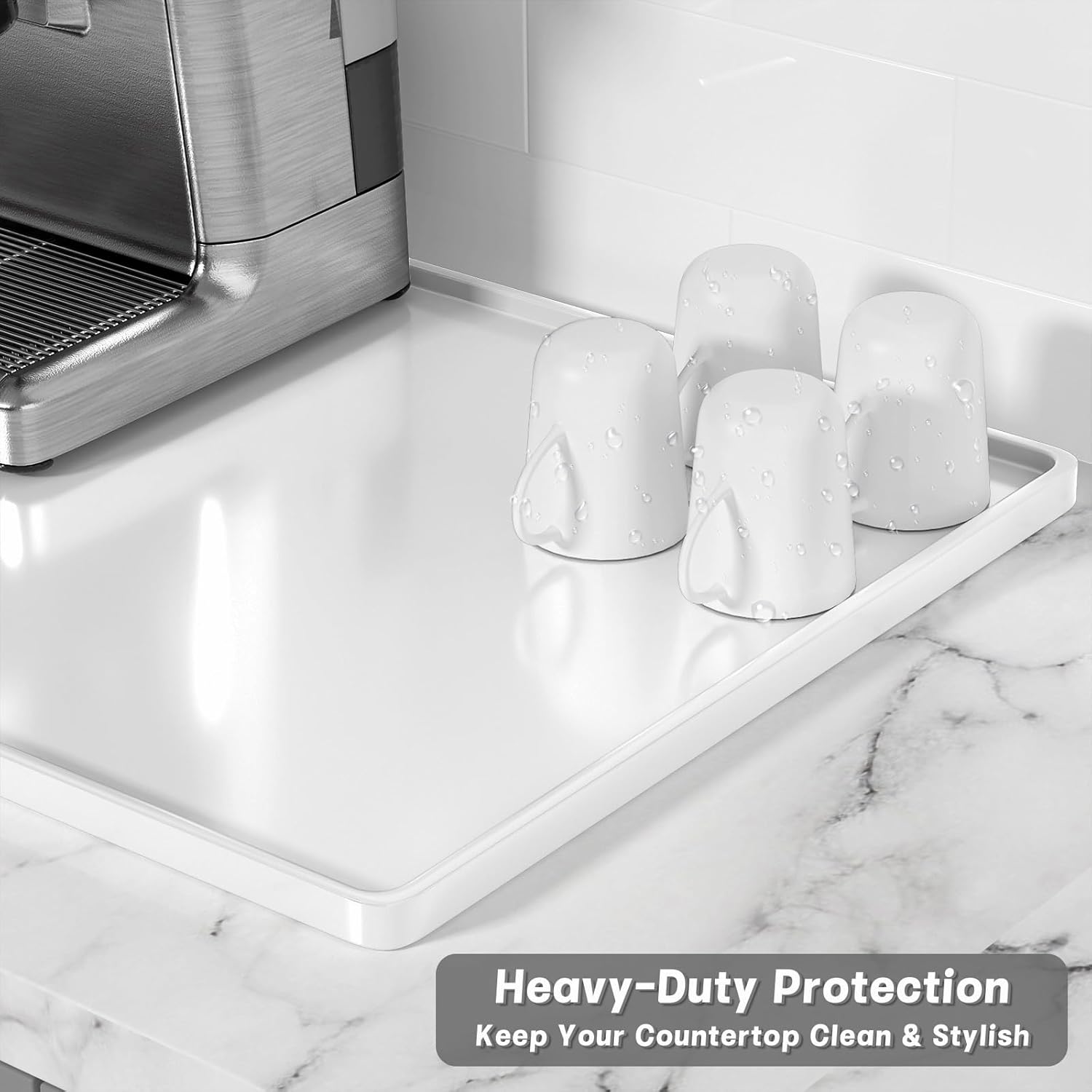 Rnivvi Silicone Coffee Mat, 12" x 19" Waterproof Raised Edge Coffee Bar Mats for Espresso Machine Station Accessories, Heat Resistant Dish Drying Pad for Kitchen Counter, Rubber Bar Decor Pad, White