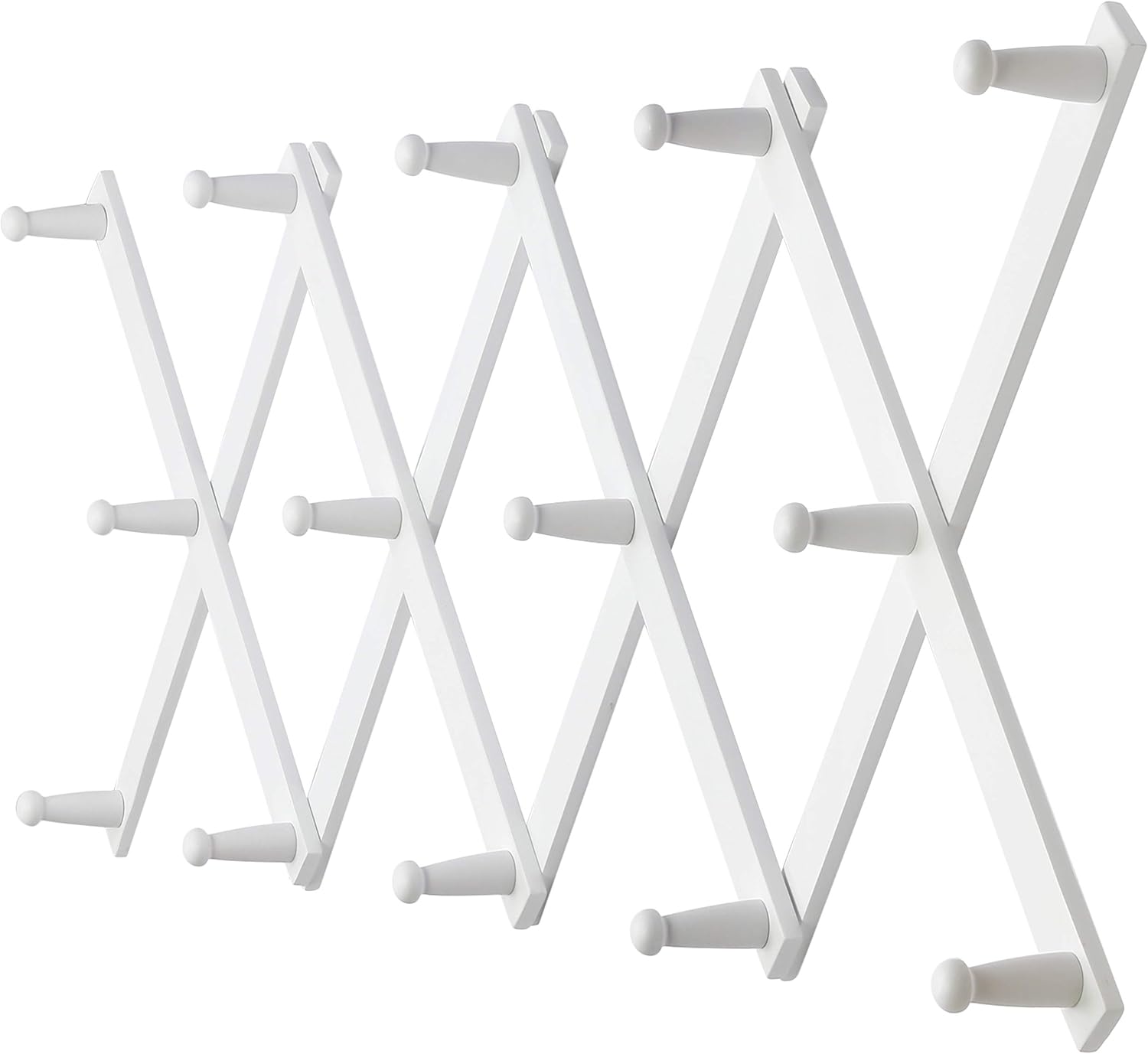 Dseap Accordian Wall Hanger: 16” High Wooden Wall Expandable Coat Rack, Hat Rack Holder, Accordion Hook for Baseball Caps, Coats, Mugs, 14 Peg Hooks, White