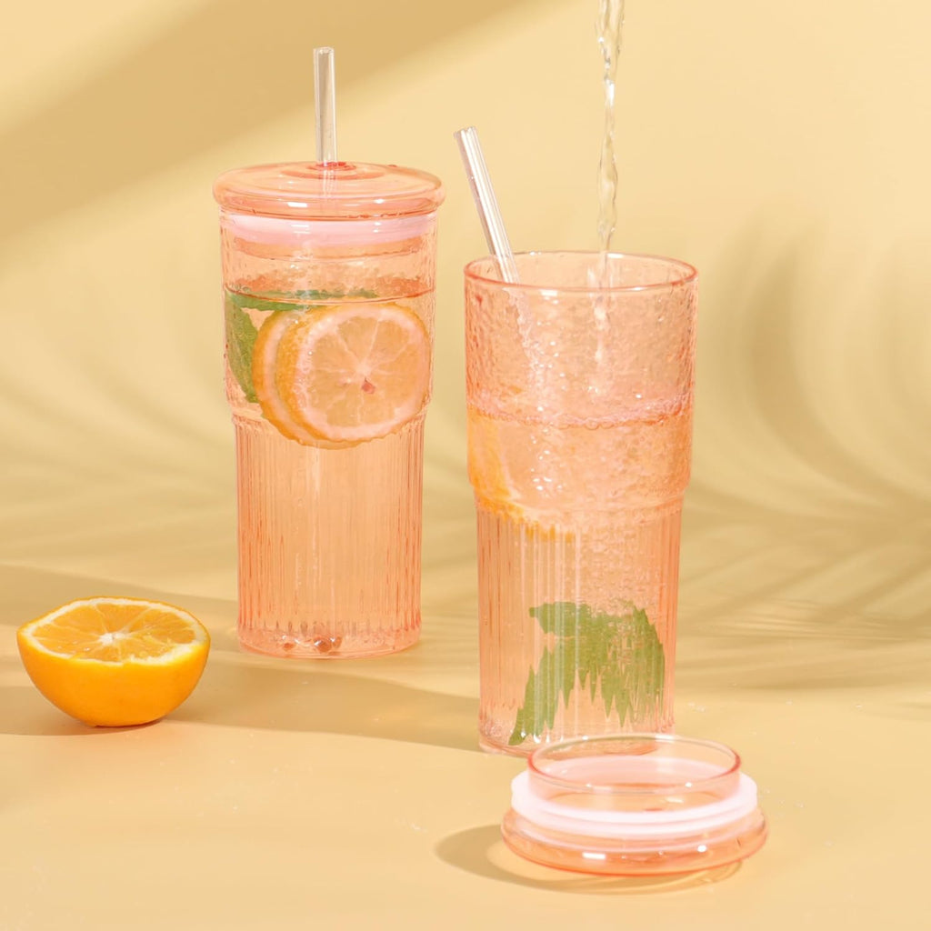 20 OZ Glass Cup with Lids and Glass Straws, High Borosilicate Iced Coffee Glass Tumblers with Lid and Straw for Drinks, 2pcs Reusable Wide Mouth Smoothie Cup(Orange)