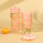 20 OZ Glass Cup with Lids and Glass Straws, High Borosilicate Iced Coffee Glass Tumblers with Lid and Straw for Drinks, 2pcs Reusable Wide Mouth Smoothie Cup(Orange)