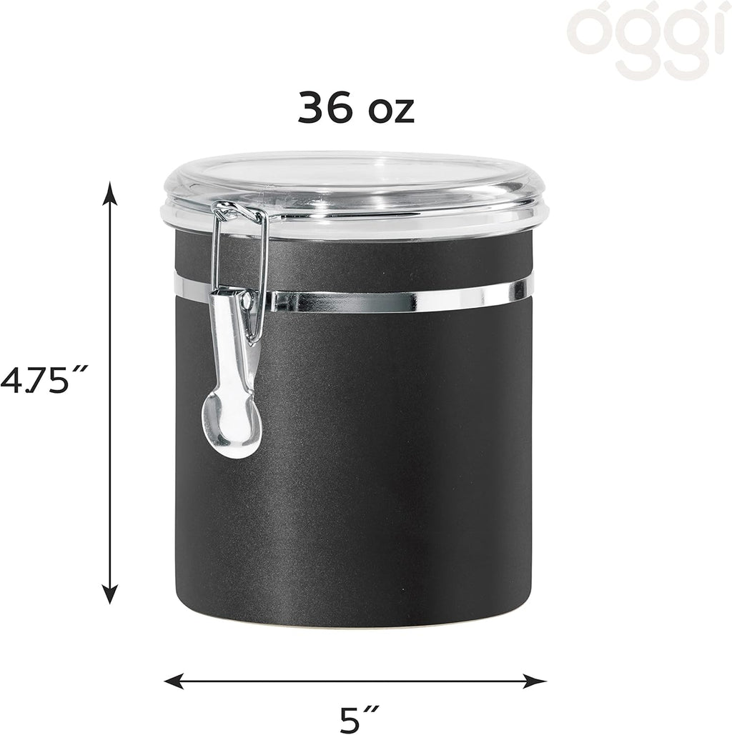 Oggi Stainless Steel Kitchen Canister 36 fl oz, Black - Airtight Clamp Lid, Clear See-Thru Top - Ideal for Kitchen Storage, Food Storage, Pantry Storage. Size 5" x 4.75".