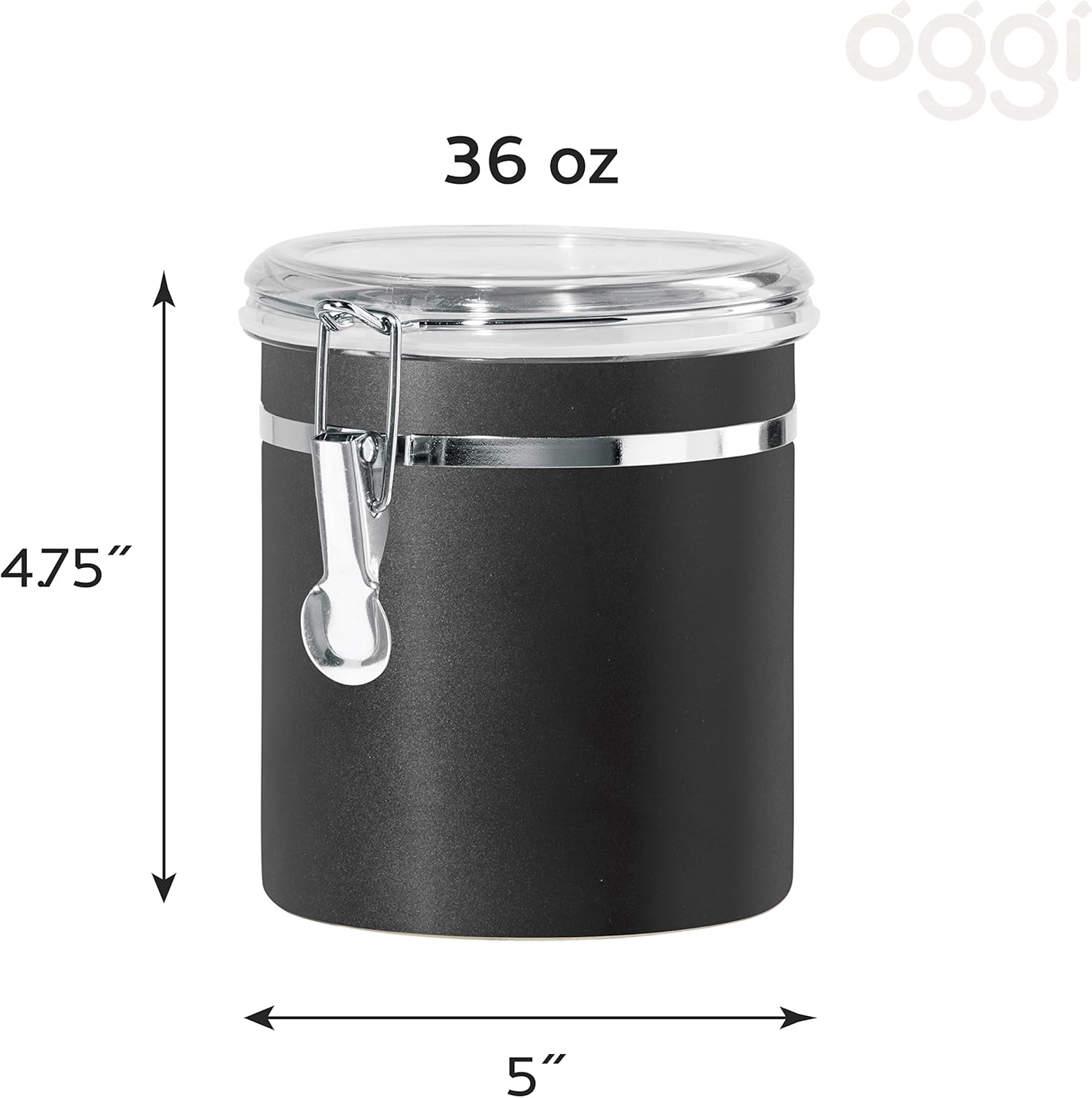 Oggi Stainless Steel Kitchen Canister 36 fl oz, Black - Airtight Clamp Lid, Clear See-Thru Top - Ideal for Kitchen Storage, Food Storage, Pantry Storage. Size 5" x 4.75".