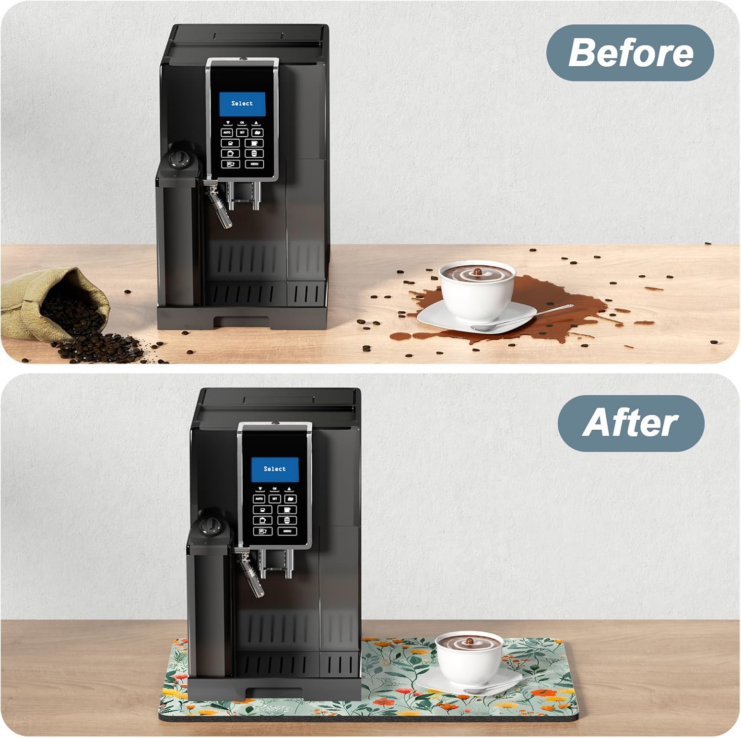 Rnivvi Coffee Mat, 12" x 19" Cute Coffee Bar Mats for Espresso Machine Station Accessories and Organizer, Hide Stain Rubber Backed Absorbent Dish Drying Pad for Kitchen Counter, Abstract Flowers