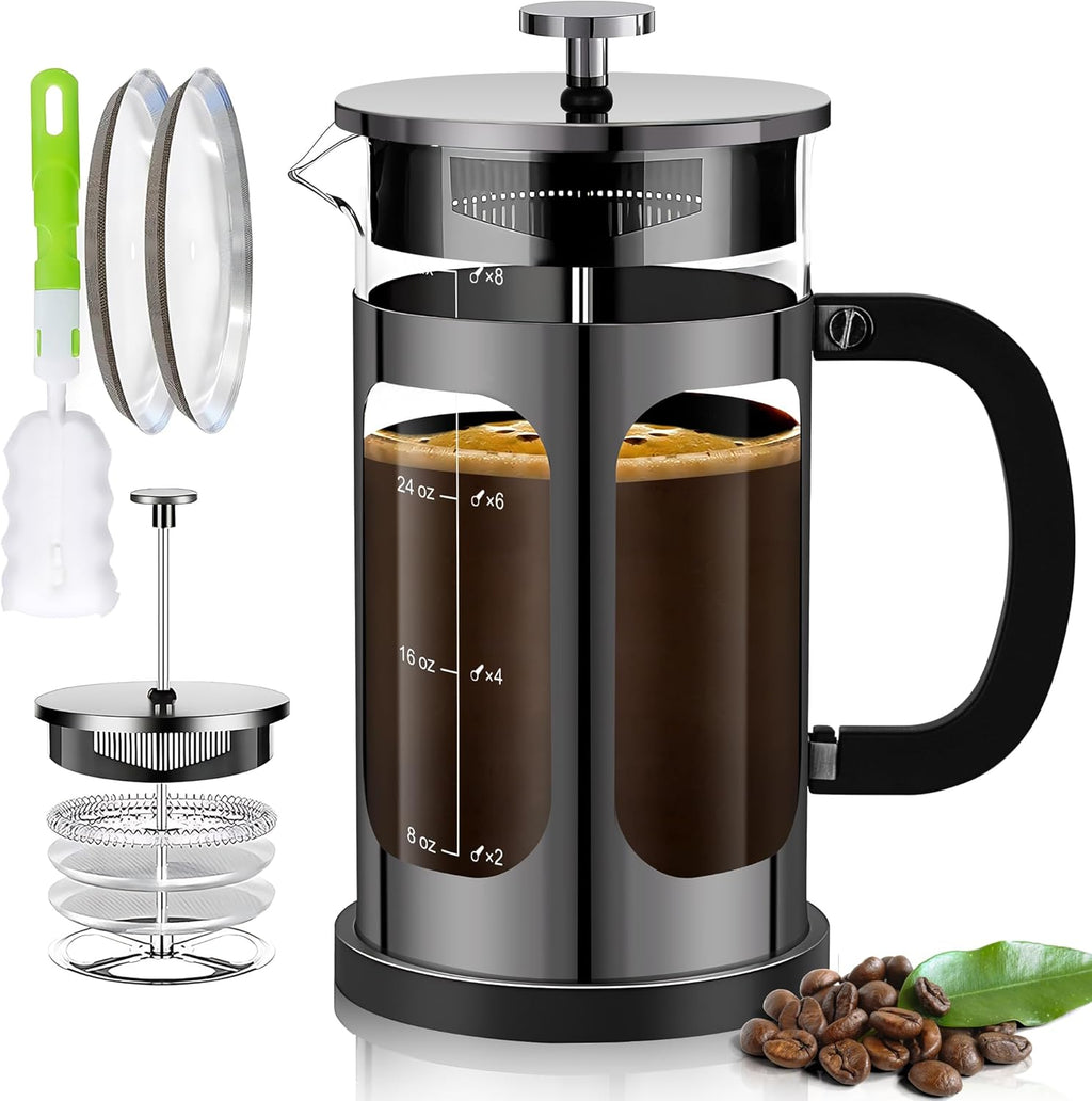 French Press Coffee Maker (34oz 1Quart 5-6Cup) Coffee Press, with 4 Filters System, Heat Resistant Thickness Borosilicate Glass, Cold Brew Coffee Tea Pot Gifts (Bright Black)