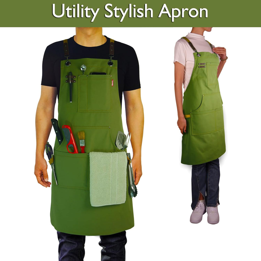 5 Pack Kitchen Apron, Work Apron, Canvas, Multiple Pockets, Gardening, Painting, BBQ, Artist, Carpenter, Sizes M to XXL, Olive