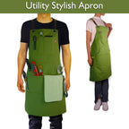 5 Pack Kitchen Apron, Work Apron, Canvas, Multiple Pockets, Gardening, Painting, BBQ, Artist, Carpenter, Sizes M to XXL, Olive