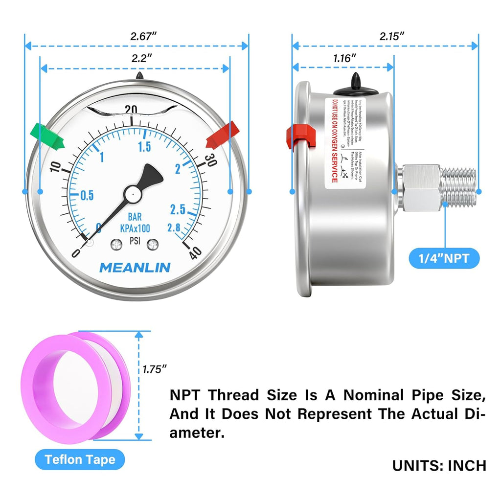 MEANLIN MEASURE 0~40Psi Liquid Filled Pressure Gauge Stainless Steel 2.5" FACE DIAL 1/4" NPT 316 Stainless Steel Joint for Pool Sand Filter Water Oil Air Pressure Test Back Mount, with 2PCS Snaps