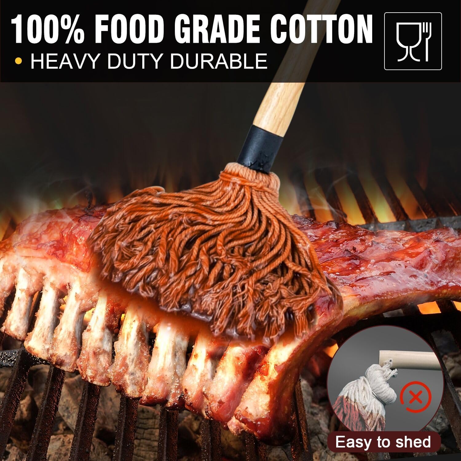 Walfos BBQ Mop Brushes for Sauce, Grilling Basting Mop Wooden Long Handle with 3 Heads, for Grilling, Barbecue, Smoking Steak (18")