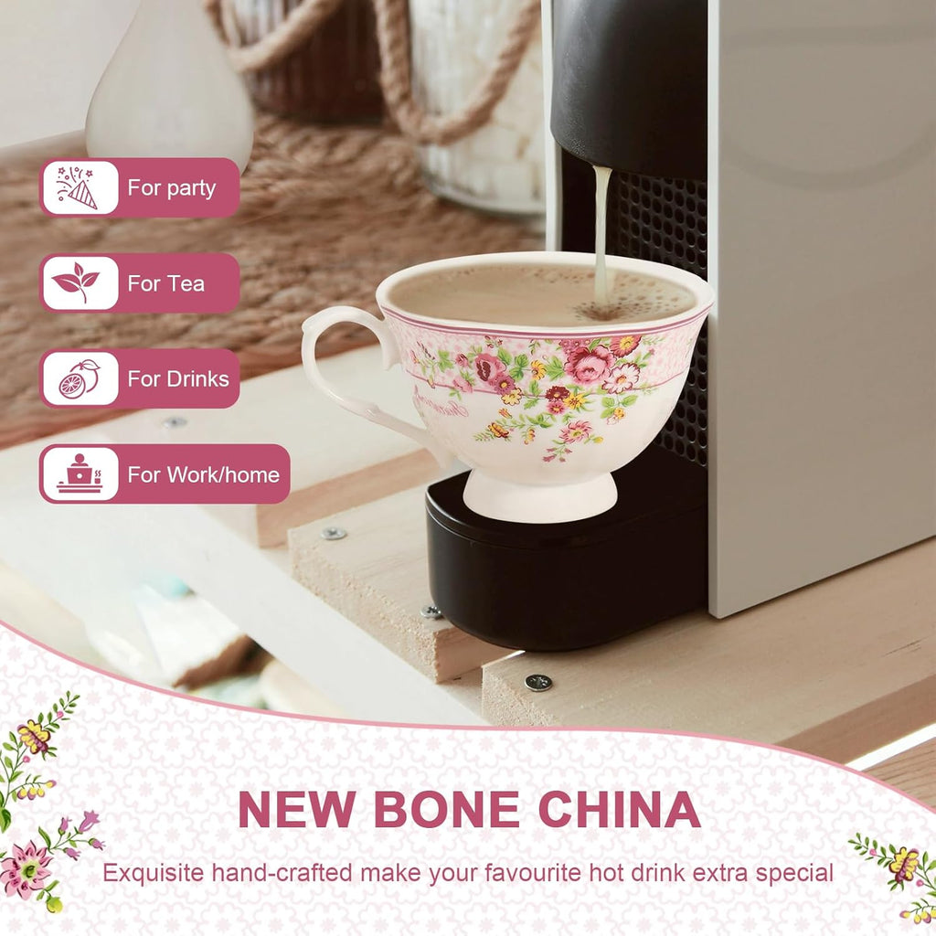 Cup and Saucer Sets of 2 with Spoon, 8oz Large Tea/Coffee Cups and Saucers New Bone China Floral Vintage Cup & Saucer Sets Porcelain Tea Latte Mugs -Microwave Dishwasher Safe