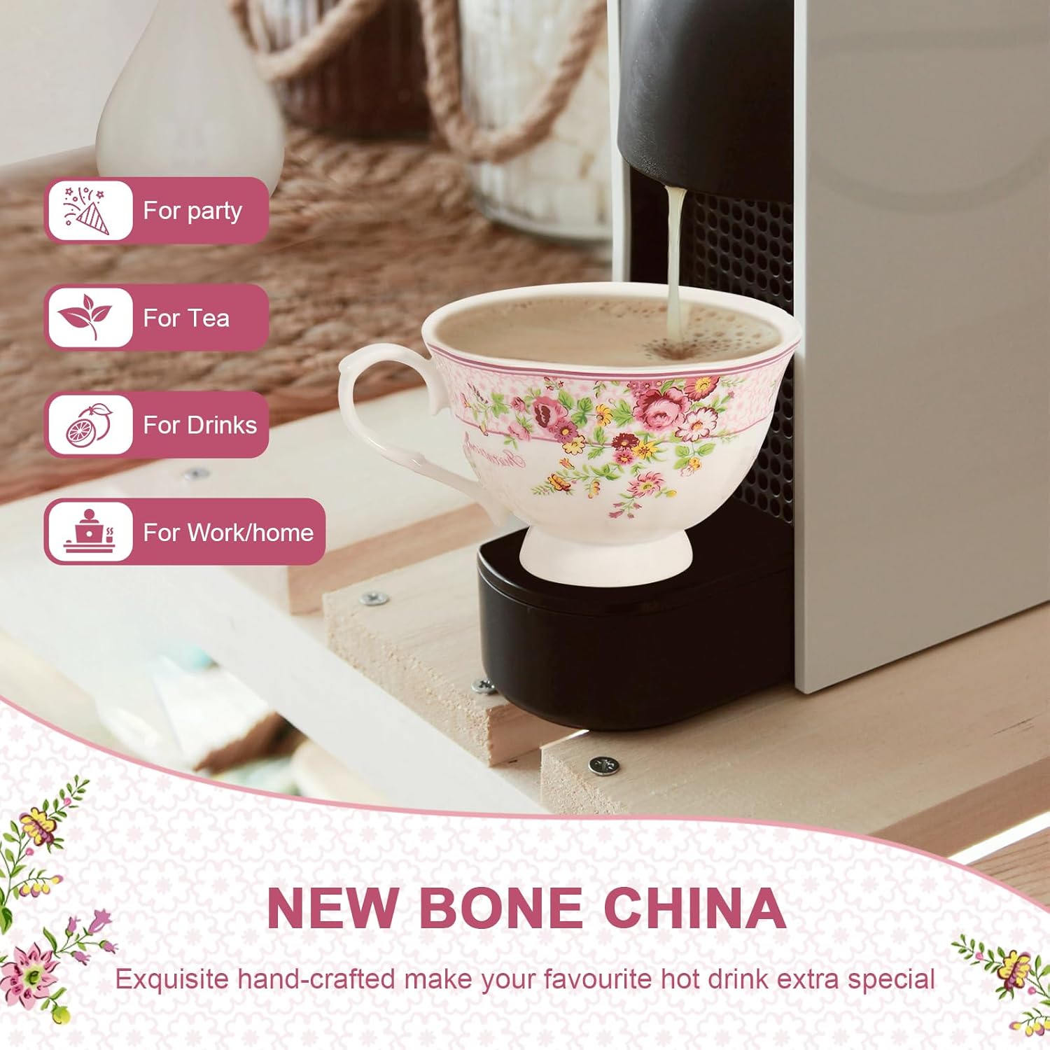 Cup and Saucer Sets of 2 with Spoon, 8oz Large Tea/Coffee Cups and Saucers New Bone China Floral Vintage Cup & Saucer Sets Porcelain Tea Latte Mugs -Microwave Dishwasher Safe