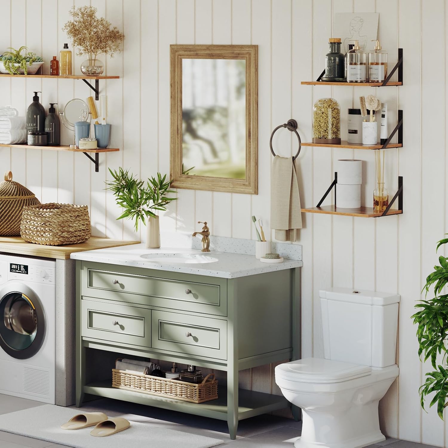 DINZI LVJ Deep Floating Shelves, 16"W x 12"D Wall Shelves Set of 2, Wide Display Shelf Wall Mounted with Brackets, Easy-to-Install Floating Bookshelf for Living Room, Bathroom, Bedroom, Rustic Brown