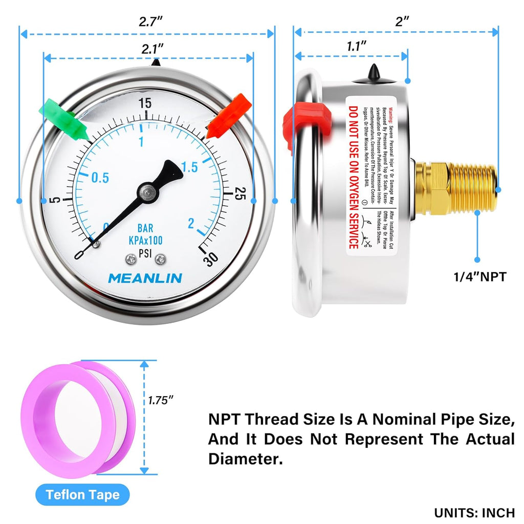 MEANLIN MEASURE 0~30Psi Liquid Filled Pressure Gauge 1/4" NPT 2.5" FACE DIAL Stainless Steel Glycerin Filled WOG Water Oil Air Back Mount (with 2PCS Snaps)