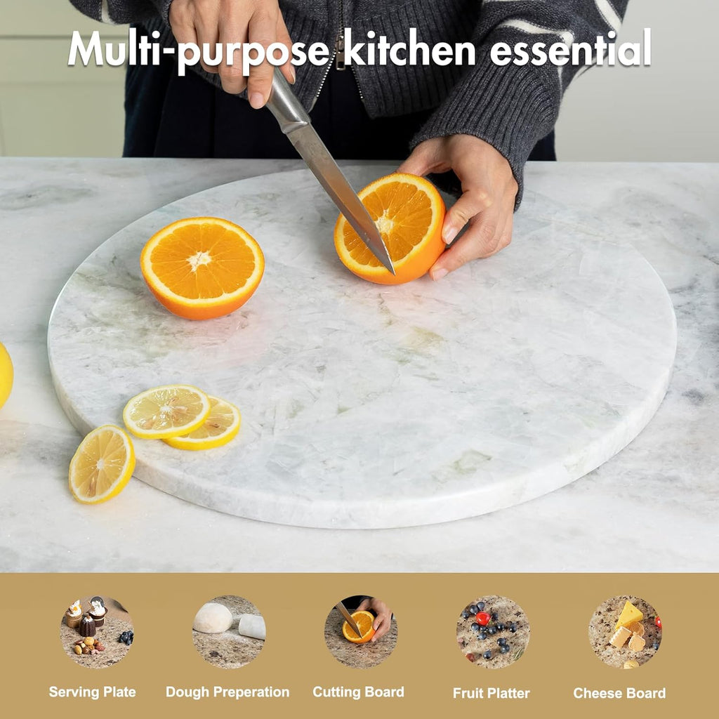 Koville Lighe Gray Marble Stone Cutting Board, Non-Stick Dough Pastry and Cutting Boards for Kitchen Counter, 16" Marble Cheese Board for Baking, Charcuterie, Trivet, Round Serving Slab for Countertop